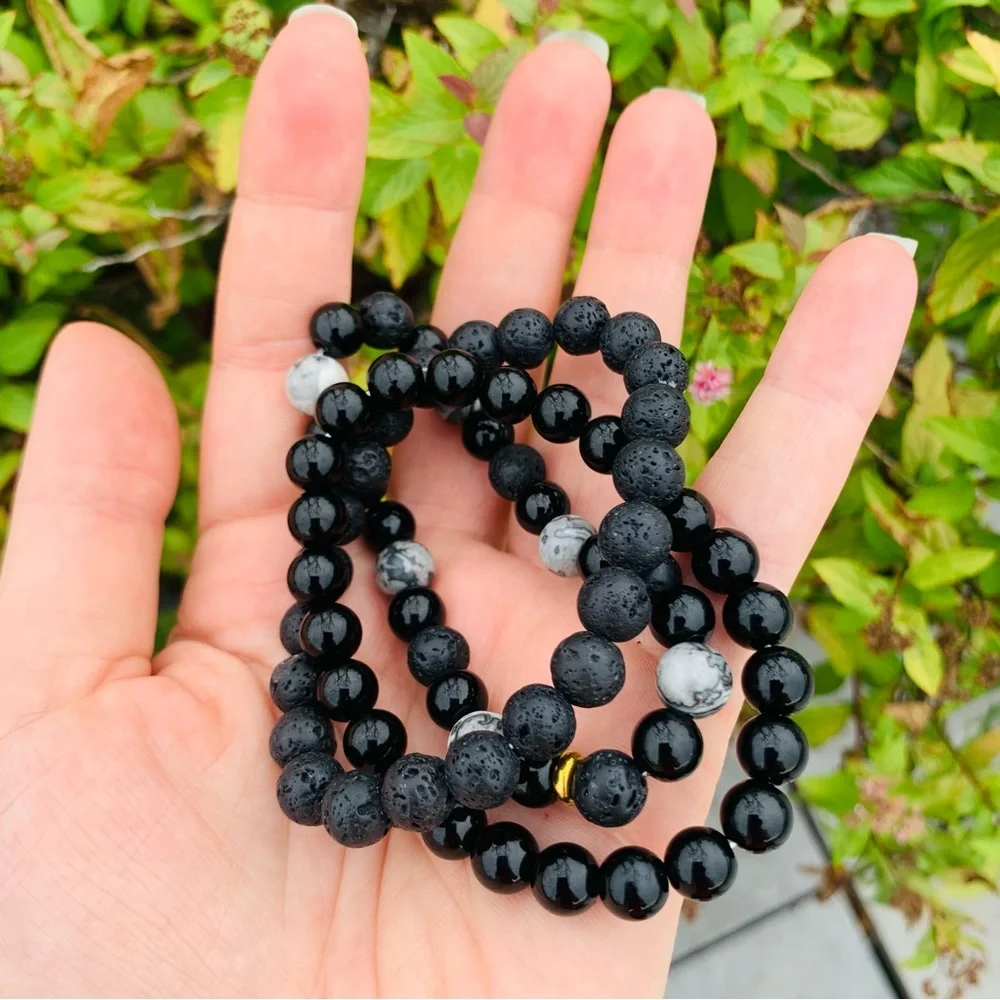 3pcs Set Mix Men’s Round Beaded Stone Elastic Bracelets